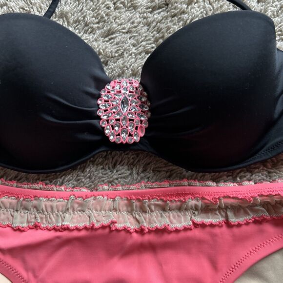 VICTORIA'S SECRET 34C/36B Swim Suit BIKINI TOP JEWEL & Black BOTTOMS Sz M V24 - Picture 11 of 16